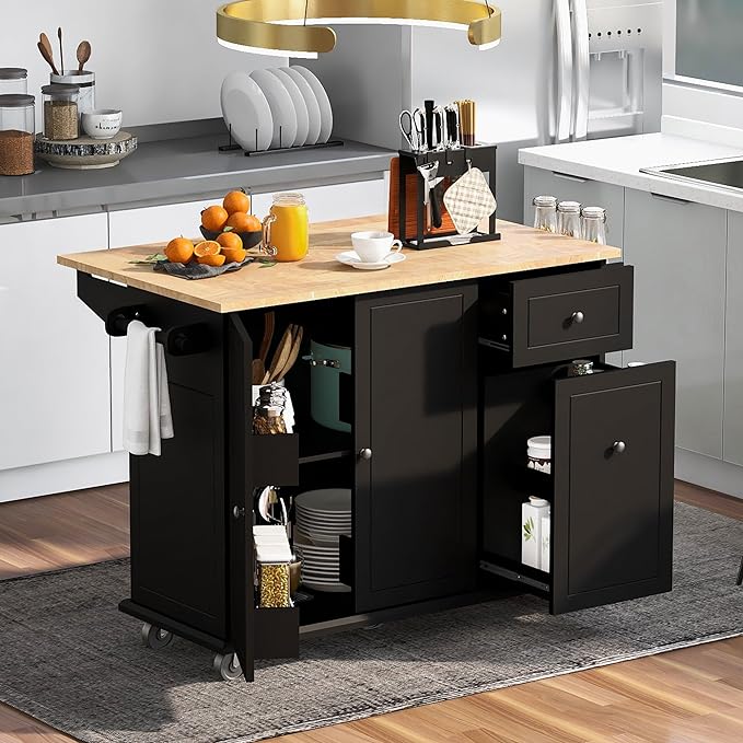 Kitchen Island with Storage, Rolling Table on Wheels w/Drop Leaf, Internal Storage Rack and 3 Tier Pull Out Cabinet Organizer， Spice Rack for Dinning Room - LeafyLoom