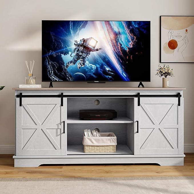 DWVO TV Cabinet for 65 Inch TV, Farmhouse TV Stand with Storage Cabinets and Sliding Barn Doors, Mid Century Modern Entertainment Center Media TV Console for Living Room, Grey White/Grey Wash - LeafyLoom