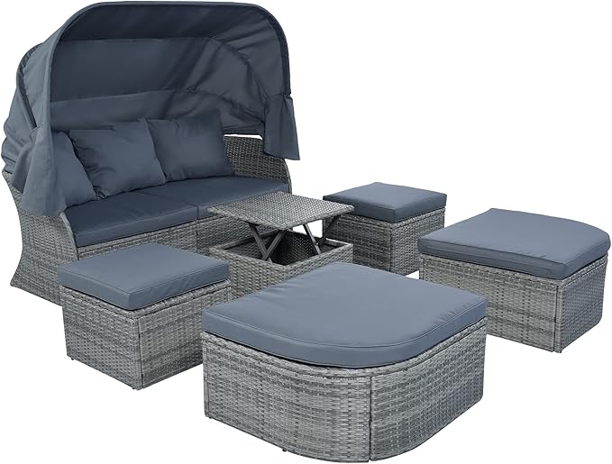 Rectangle Furniture Daybed Sunbed with Retractable Canopy, Outdoor Wicker Conversation Set with Cushions for Patio, Backyard, Porch, Garden, Onesize, Hb-Gray - LeafyLoom