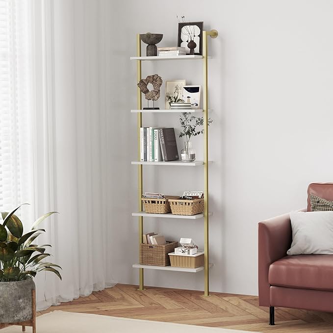 5-Tier Bookshelf Solid Wood Ladder Shelf, Narrow Book shelf Display Shelf, Wooden Ladder Shelf Bookcase, Wall Mount Ladder Shelf, Storage Rack for Living Room, Bedroom, Bathroom, White and Gold - LeafyLoom