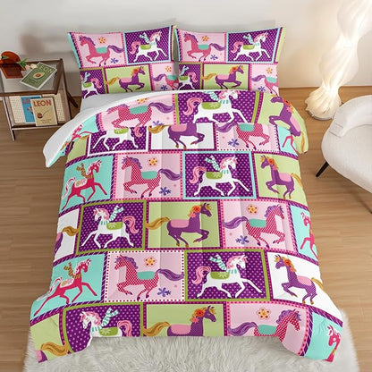 HOSIMA 3Pcs Kawaii Kids Horse Comforter Set with 2 Pillowcases,Colorful Dots Style Twin Bed in a Bag Sets for Adults Teens,Horse Pony Twin Comforter Princess Toddler Bedding Set. - LeafyLoom