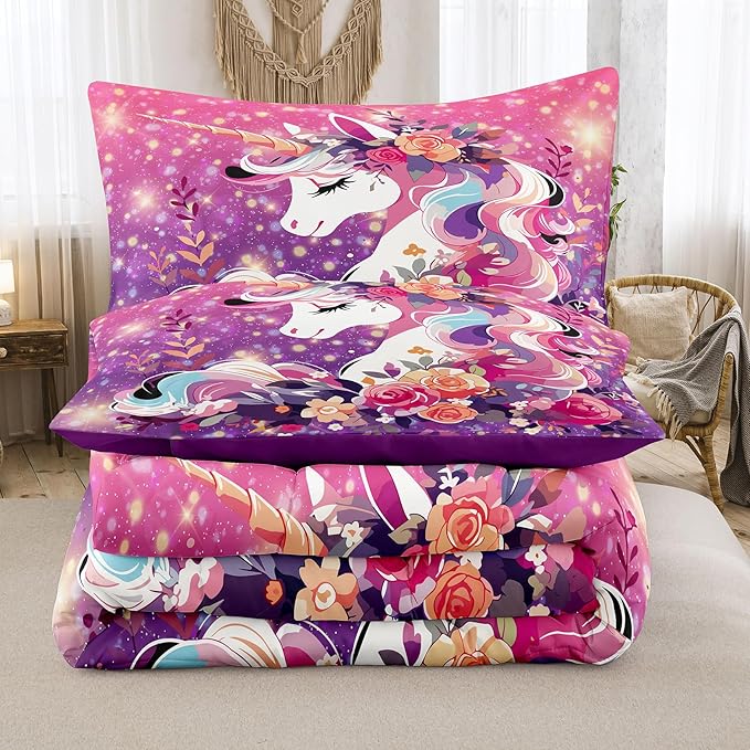 Tailor Shop Unicorn Kids Bedding Set for Girls Pink Purple Flower Unicorn Comforter Set King Galaxy Bedding Sets All Season with 2 Pillowcase…… - LeafyLoom