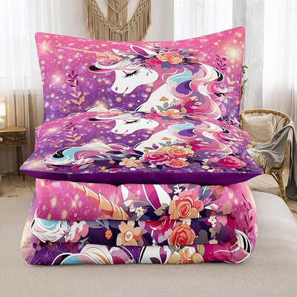 Tailor Shop Unicorn Kids Bedding Set for Girls Pink Purple Flower Unicorn Comforter Set King Galaxy Bedding Sets All Season with 2 Pillowcase…… - LeafyLoom