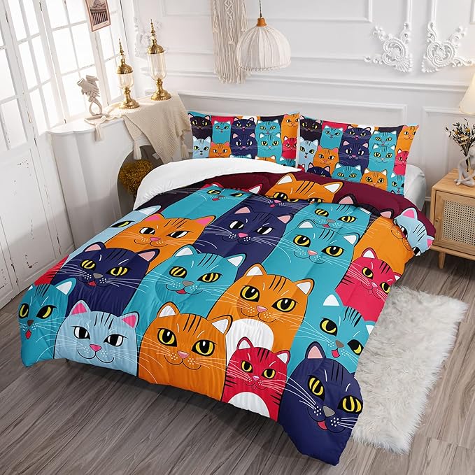 Axolotl Cartoon Cat Comforter Set Kids Bedding Full Size,Cute Colorful Cat Bedding Set for Kids Boys Girls Adults Teens Room Decor,Kids Comforter Set All Season,1 Comforter 2 Pillow Cases - LeafyLoom