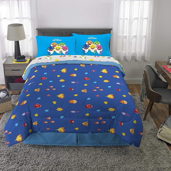 Franco Kids Bedding Super Soft Comforter and Sheet Set, 5 Piece Full Size, Baby Shark - LeafyLoom