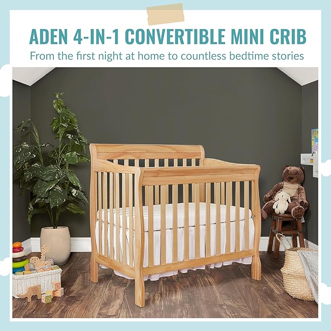 Aden 4-in-1 Convertible Mini Crib In Natural, Greenguard Gold Certified, Non-Toxic Finish, New Zealand Pinewood, With 3 Mattress Height Settings - LeafyLoom