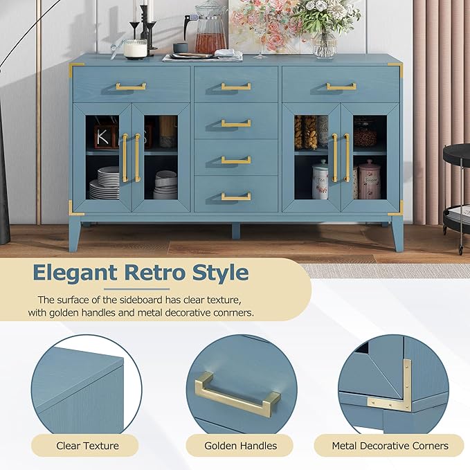 60" Retro Sideboard with 6-Drawer and 2-Cabinet,Multifunctional Buffet,w/Gold Handles & Solid Wood Legs,Extra Large Storage Space,for Kitchen and Living Room,Antique Blue - LeafyLoom