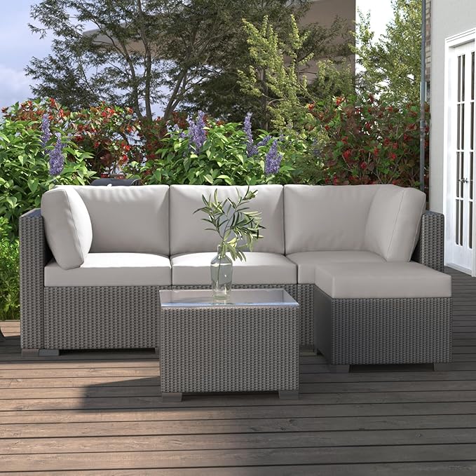 GAOMON 5-Piece Outdoor Patio Rattan Wicker Sofa Set, Pe Rattan Conversation Sectional with Thickened Back Cushion, Glass Tabletop, Ottoman - Ideal for Courtyard Space, Light-grey - LeafyLoom