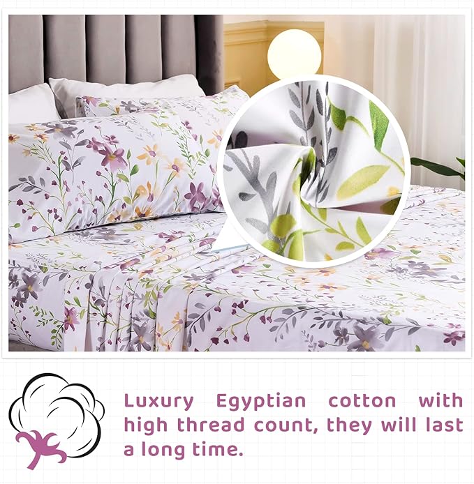 QSH 100% Cotton Sheets for Split King Size Bed - Floral Plant Pattern Botanical Luxury Cotton Printed Floral Bedding King Size Sheet with Deep Pockets 17" Soft and Breathable 5pcs - LeafyLoom