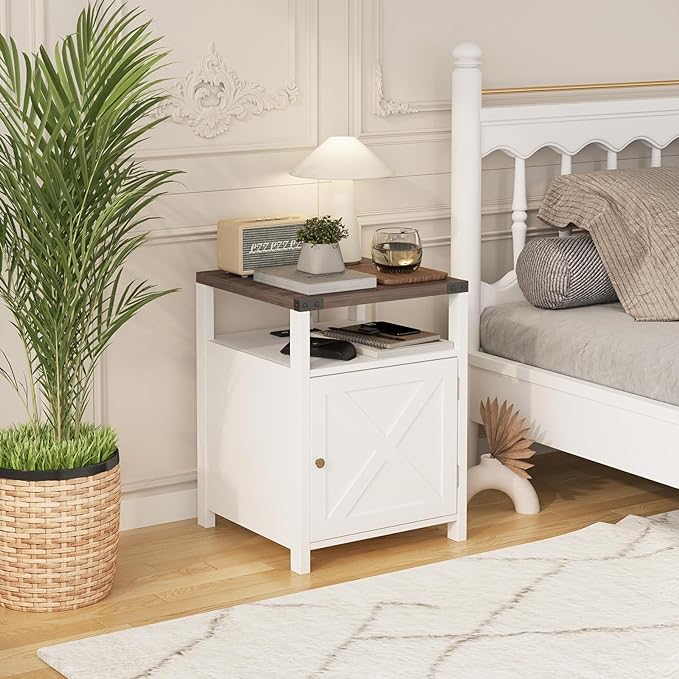 Farmhouse Nightstand Set of 2 with Charging Station, Rustic End Table Bedroom with Storage Living Room Side Table White Night Stand Industrial Bedside Bed Table with USB Ports and Outlets - LeafyLoom