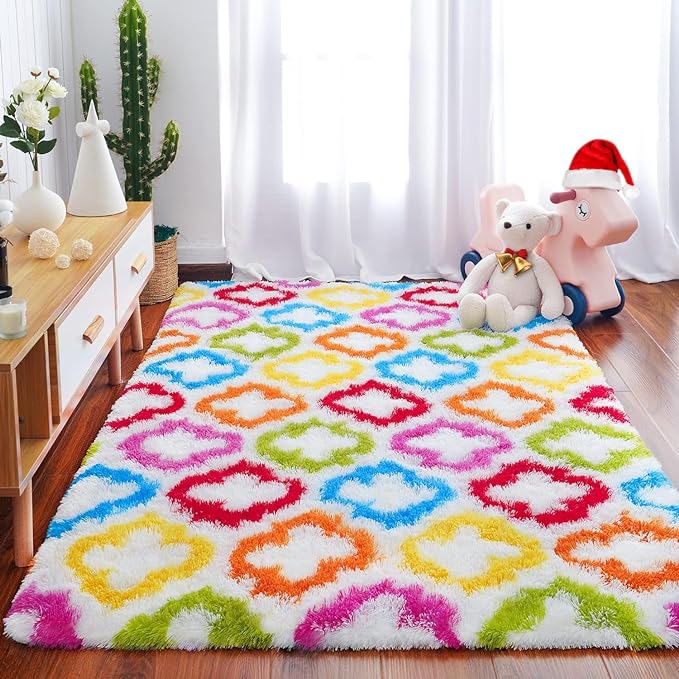 Tepook Fluffy Colorful Rug for Kids, Shaggy Soft Rainbow Area Rugs for Girls Bedroom, Indoor Modern Geometric Moroccan Rugs Plush Girls Kids Rug for Playroom Teens Room Nursery Home Decor, 3 X 5 ft - LeafyLoom