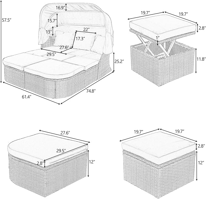 Rectangle Furniture Daybed Sunbed with Retractable Canopy, Outdoor Wicker Conversation Set with Cushions for Patio, Backyard, Porch, Garden, Hb-Beige - LeafyLoom