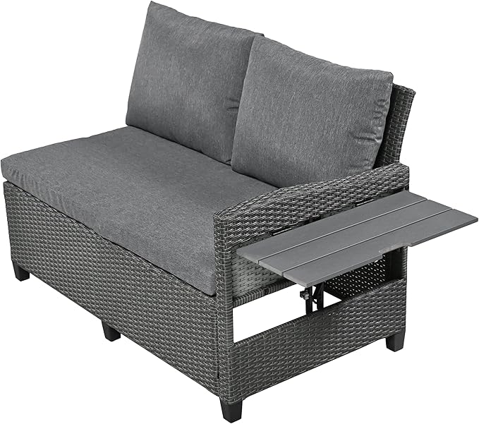 5 Piece Outdoor Furniture Patio Conversation with Dining Table&Bench, Sectional PE Wicker L-Shaped Sofa w/2 Extendable SideTable&Cushions&Washable Covers, Garden Rattan Couch, Gray - LeafyLoom