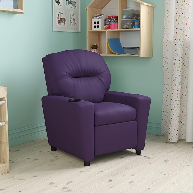 Flash Furniture Chandler Vinyl Kids Recliner with Cup Holder and Safety Recline, Contemporary Reclining Chair for Kids, Supports up to 90 lbs., Purple - LeafyLoom