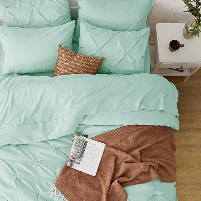 Bedsure Twin XL Comforter Set - Extra Long 5 Pieces Dorm Room Essentials, Pinch Pleat Mint Green Bed in a Bag with Comforter, Sheets, Pillowcase & Sham, Kids Bedding Set - LeafyLoom