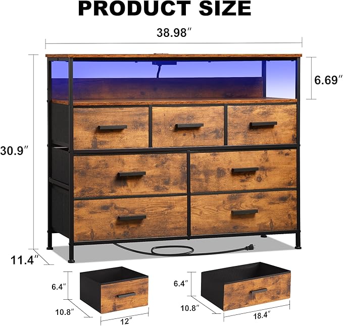 Dresser TV Stand with 7 Drawers, Dresser TV Stand with LED Lights & Power Outlets, Bedroom Dresser, Chest of Drawers up to 45'' Long TV, Wide Fabric Dresser with Open Shelf (Rustic Brown) - LeafyLoom