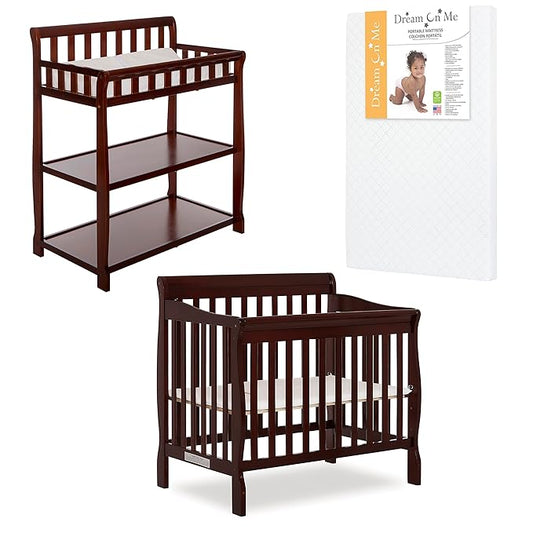 Nursery Essentials Bundle of Dream On Me Aden Convertible 4-in-1 Mini Crib, Dream On Me Ashton Changing-Table, with a Dream On Me Sunset 3” Extra Firm Fiber Portable Crib Mattress - LeafyLoom