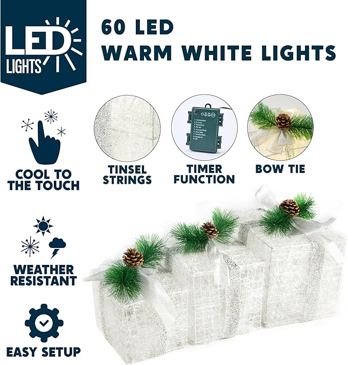 Joiedomi Christmas Lighted Gift Boxes, Christmas Decorations Set of 3, Light up Present Boxes, 60 LED Warm White Lights for Indoor Holiday Décor, Christmas Eve Night Décor Joiedomi