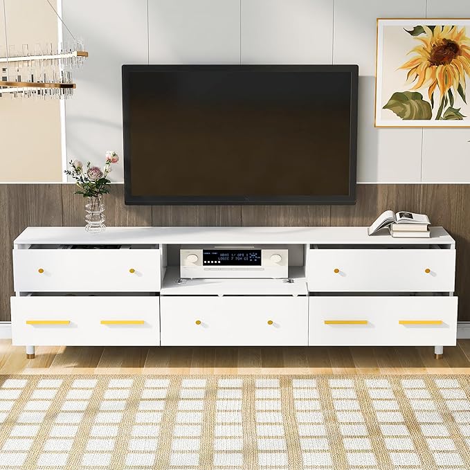 Merax Modern TV Stand for 75"+ Televisions, Entertainment Center Media Console Table, Storage Cabinet Furniture for Living Room, 78.7 inch Length, White - LeafyLoom