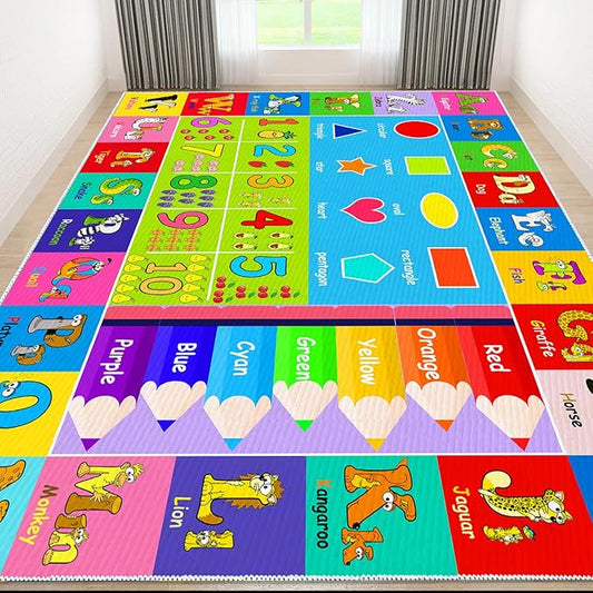 Kids Alphabet Play Game Rug - 7'x10' ABC Numbers and Shapes Educational Learning Toddler Carpet - Kids Room Playroom Classroom Kindergarten Activity Fun Soft Non-Slip Mat - LeafyLoom