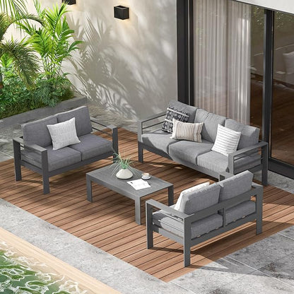 Wisteria Lane Aluminum Outdoor Patio Furniture Set, Modern Patio Conversation Sets, Outdoor Sectional Metal Sofa with 5 Inch Cushion and Coffee Table for Balcony, Garden, Dark Grey - LeafyLoom