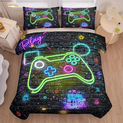 Boys Queen Size Bedding Set, Kids Bedding Sets for Boys, Gaming Comforter Sets for Boys, Teen Boys Gaming Bedding Sets, Gamer Room Decor for Boys Teens Girls (1 Comforter +2 Pillowcases) - LeafyLoom