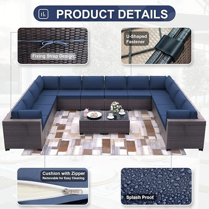 Patio Furniture Set 14-Piece Outdoor Furniture for Backyard Wicker Sectional Sofa Set, PE Rattan Patio Conversation Set 12 Seat with Thickened Cushions and Glass Coffee Tables, Navy Blue - LeafyLoom