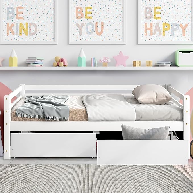 Twin Daybed with 2 Storage Drawers,Pinewood Twin Size Daybed Frame with Guardrail,for Boys/Girls/Teens Bedroom, Easy to Assemble, No Box Spring Needed,White - LeafyLoom