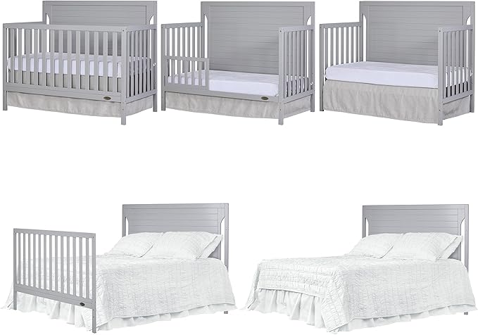 Cape Cod 5-In-1 Convertible Crib In Pebble Grey, Greenguard Gold And JPMA Certified, Built Of Sustainable New Zealand Pinewood, 3 Mattress Height Positions - LeafyLoom