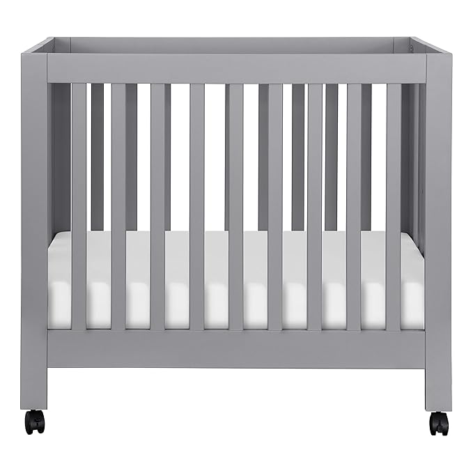 Babyletto Origami Mini Portable Folding Crib with Wheels in Grey, 2 Adjustable Mattress Positions, Greenguard Gold Certified - LeafyLoom