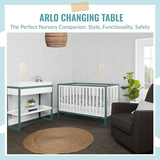 Arlo Changing Table in Jungle Green, Made of Solid New Zealand Pinewood, Non-Toxic Finish, Comes with Water Resistant Mattress Pad & Safety Strap - LeafyLoom