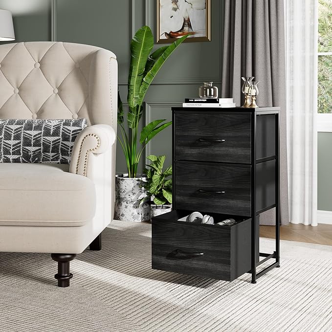 Nicehill Nightstand, Dresser with 3 Drawers, Bedside Table Chest of Drawers, Small Dresser for Bedroom, Kids' Room, Closet, Kids Dresser with Wooden Top Steel Frame, Modern, Black Wood Grain - LeafyLoom