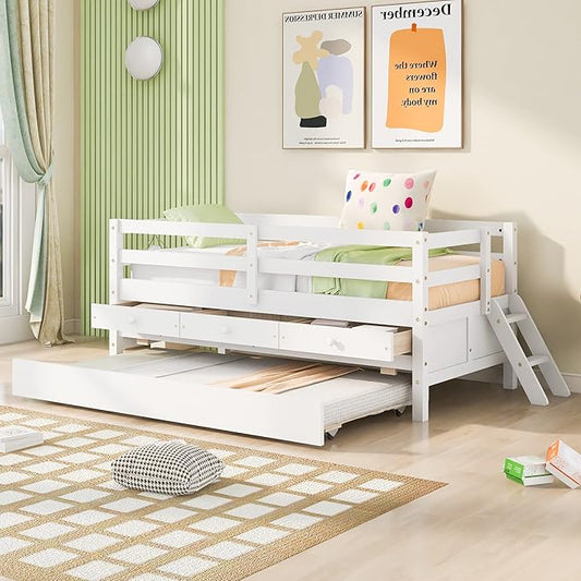 Merax Twin Modern Wood Daybed with Trundle Bed and Drawers Sofa Bed Frame for kids Boys Girls/No Box Spring Needed White - LeafyLoom