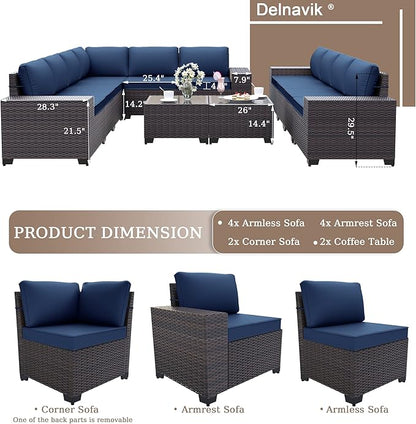 Patio Furniture Set Sofa 12-Pieces Wicker Sectional Sofa Set, Outdoor Furniture Rattan Patio Conversation Set with Thickened Cushions and Glass Coffee Table, Navy Blue - LeafyLoom