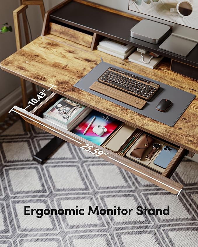 BANTI Height Adjustable Electric Standing Desk with Three Drawers, 48 x 25 Inch Table with Storage Shelf, Sit Stand Desk with Storage Space, Splice Board with Black Frame/Rustic Brown Top - LeafyLoom