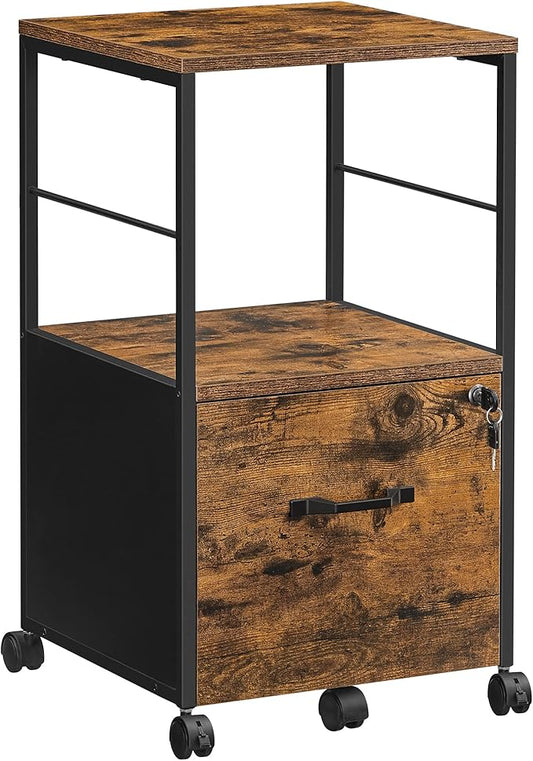 VASAGLE Filing Cabinet for Home Office, Printer Cabinet, Rolling File Cabinet with Drawer and Lock, for Suspended Folder, A4 and Letter Sized Documents, Industrial, Rustic Brown and Black UOFC044B01 - LeafyLoom