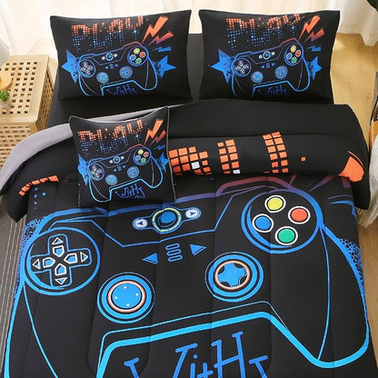 6Pcs Game Console Comforter Set with Sheets for Boys Girls Kids Teens, Geometric Gaming Themed Bed in A Bag Full Size, 3D Video Gamer Controller Bedroom Decor Bedding Set(Blue) - LeafyLoom