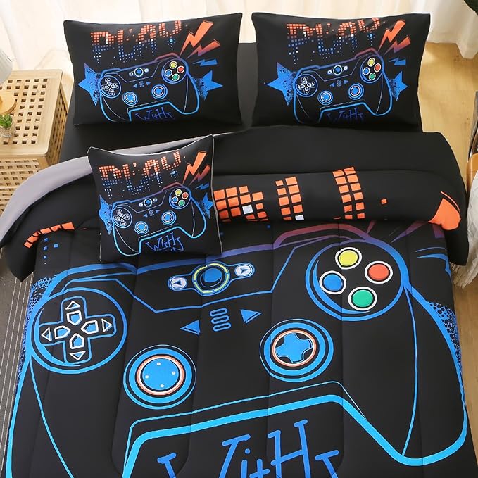 6Pcs Game Console Comforter Set with Sheets for Boys Girls Kids Teens, Geometric Gaming Themed Bed in A Bag Twin Size, 3D Video Gamer Controller Bedroom Decor Bedding Set(Blue) - LeafyLoom