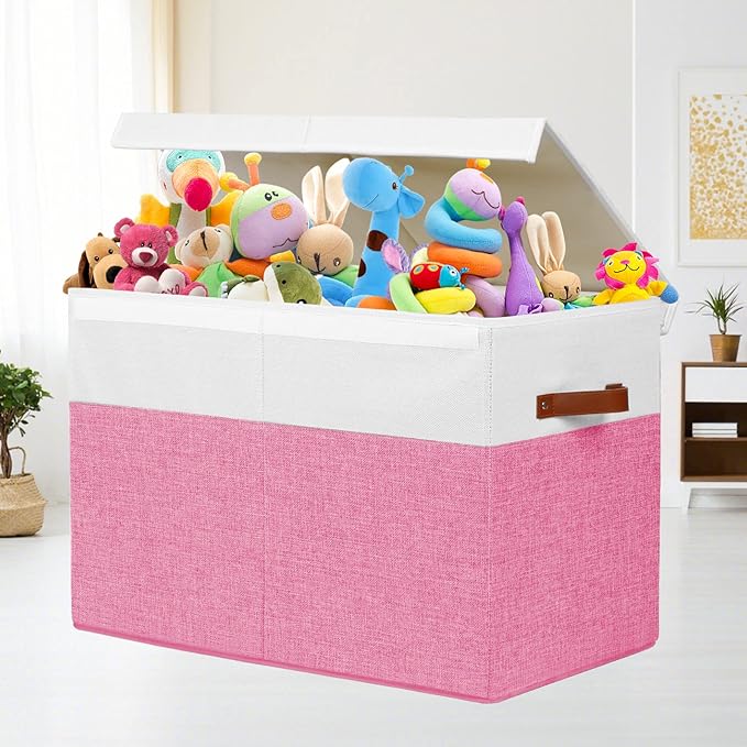 Large Toy Storage Box with Lid, Sturdy Toys Storage Chest Bin Organizer Basket with Dividers for Kids, Boys, Girls, Nursery, Closet, Bedroom, Playroom 25"x13" x16" (Pink and White) - LeafyLoom