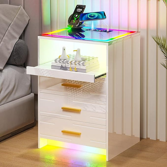 HNEBC High Gloss Nightstand with Wireless Charging Station, Smart Night Stand with RGB Dynamic Lighting, Modern Bed Side Table with Drawers Sliding Tray, Glass Tabletop, Motion Sensor Lights(C White) - LeafyLoom