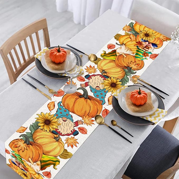 Fall Table Runner 108 Inches Long Autumn Table Runner Pumpkins Maple Leaves Gnome Fall Theme Decor for Kitchen Dining Table Home Party Decorations Unibyby