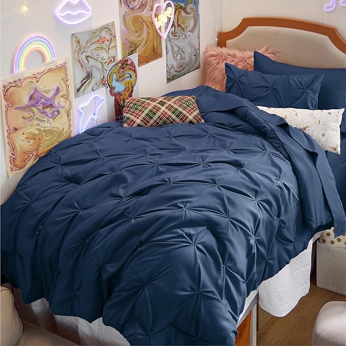 Bedsure Twin Comforter Set with Sheets - 5 Pieces Twin Bedding Sets, Pinch Pleat Navy Blue Twin Bed in a Bag with Comforter, Sheets, Pillowcase & Sham - LeafyLoom