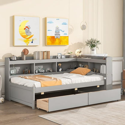 Twin Size Platform 2 Storage Drawers and L-Shaped Bookcases, Wooden Captain Bed Daybed Frame with Headboard for Bedroom, Living Room, Gray - LeafyLoom