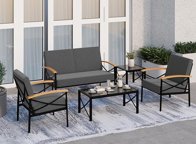 Shintenchi 5 Piece Outdoor Patio Furniture Set, Metal Sofa Conversation Set, including Loveseat, Two Single Chairs and Two Coffee Tables for Backyard, Patio, Balcony, Poolside (Dark Grey) - LeafyLoom