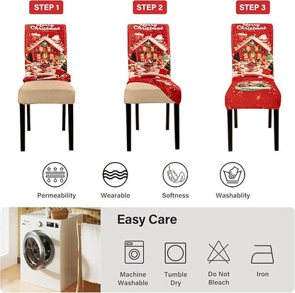 4PCS Christmas Dining Chair Covers Stretch Removable Washable Dining Room Chair Protector Slipcovers Santa Claus House Wreaths Kitchen Chair Cover Slipcover Protector for Xmas Holiday Party Home Décor CZL