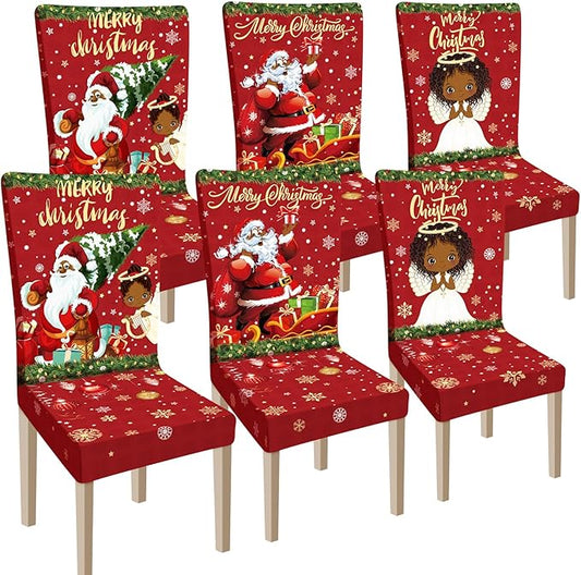 Ganeen 6 Pcs Christmas Chair Covers Merry Christmas Chair Back Cover Stretch Christmas Seat Cover Washable Xmas Dining Chair Protector Slipcover for Dining Room Kitchen Holiday Party (African Style) Ganeen