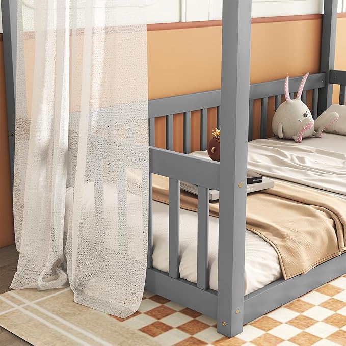 Twin Size Canopy Bed Frame with Guardrails for Kids,Floor Bed Twin with Four Poster Design,Kids Montessori Floor Bed,Wood Canopy Bed Frame for Girls,Boys(Twin,Grey) - LeafyLoom