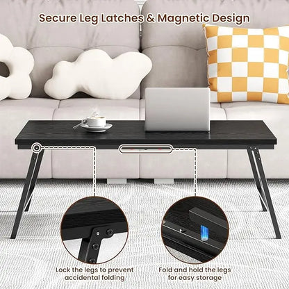 Folding Coffee Table, Leg Latches Portable Sturdy Floor Table Desk for Sitting on The Floor, No Assembly Low Coffee Table for Living Room, Home, Office, Black, 41.34L×21.65W×15.75H - LeafyLoom