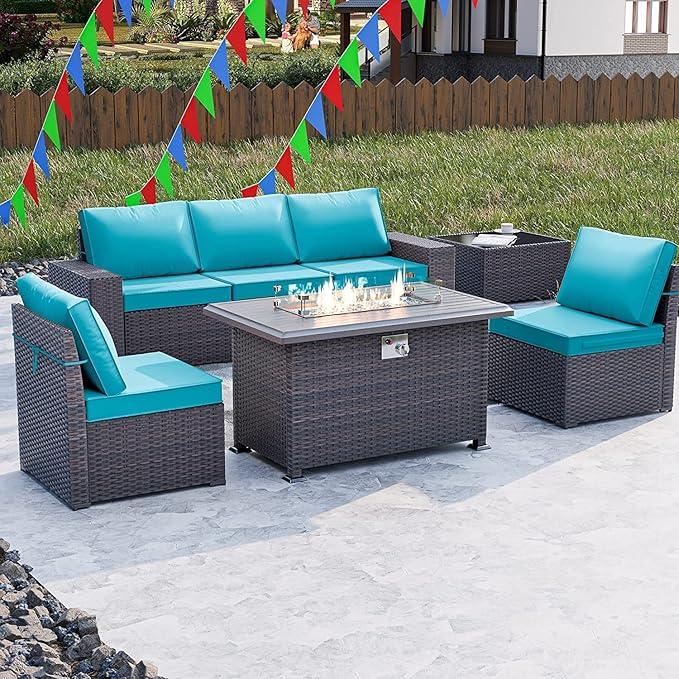 Kullavik 7 Pieces Outdoor Patio Furniture Set with 43" 55000BTU Gas Propane Fire Pit Table PE Wicker Rattan Sectional Sofa Patio Conversation Sets,Green Blue - LeafyLoom