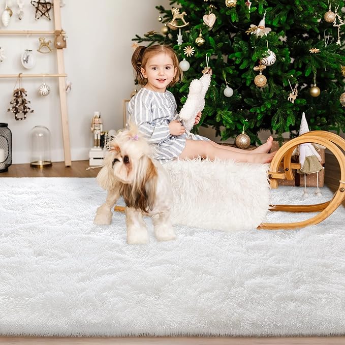 Super Soft Fluffy Shaggy Rugs 4x5.9 Feet for Living Room Bedroom, Fuzzy Plush Area Rugs for Girls Kids Room Nursery Home Decor, Furry Dorm Rug Cute Non-Slip Indoor Floor Carpet, Cream White - LeafyLoom